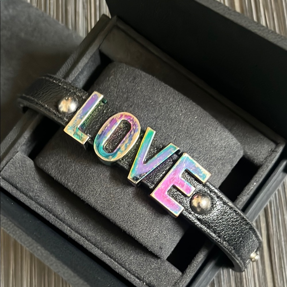 BCBG Leather Bracelet with iridescent 'LOVE'